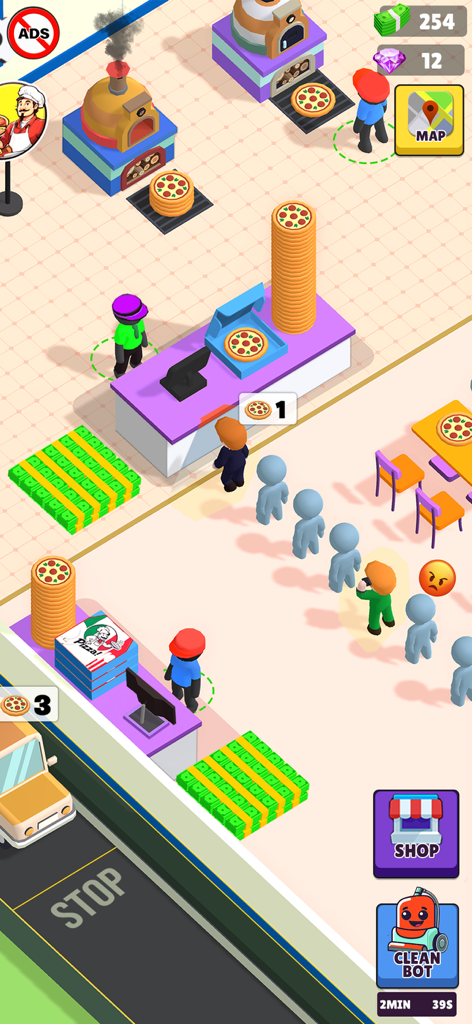 Idle Pizza Tycoon Shop Game - Pizza shop management gameplay in Idle Pizza Tycoon Shop Game showing customers and staff