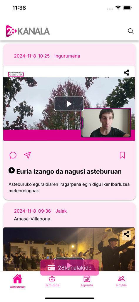 News feed of the 28 KANALA app featuring local weather and cultural events in Basque