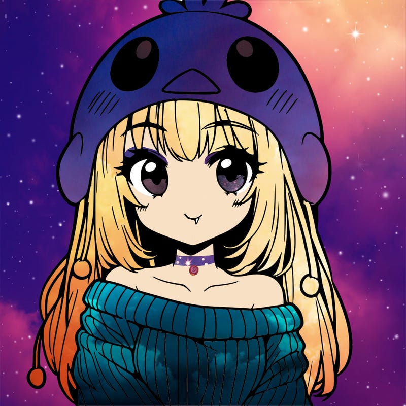 anime girl with chick shaped hat with sweater with bare shoulders with bangs covering them one eye with low tail