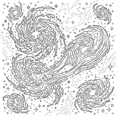 Embark on an intergalactic journey with this stunning coloring template featuring the mysterious beauty of irregular galaxies. This intricate design offers countless details of swirling cosmic matter, distant stars, and nebulae, perfect for hours of creative exploration.
