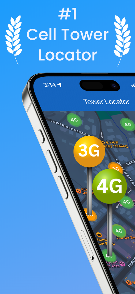CellMapper - CellMapper app interface showing 3G and 4G cell tower locations on a digital map