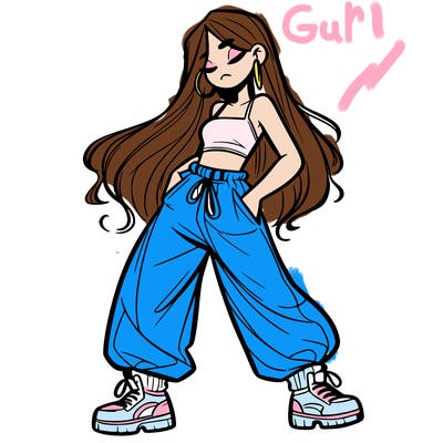 girl in baggy pants crop top and long hair