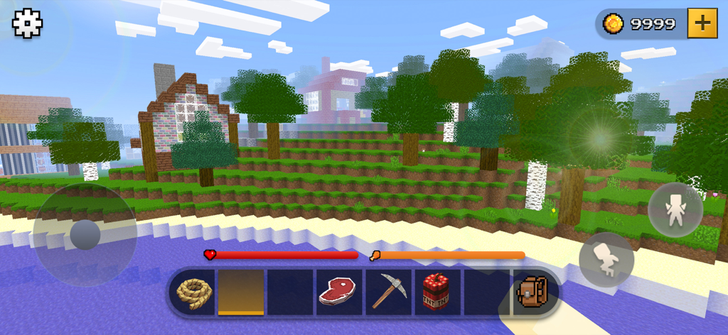 Block Craft World Sandbox - A voxel based landscape with a brick house and green trees in Block Craft World Sandbox