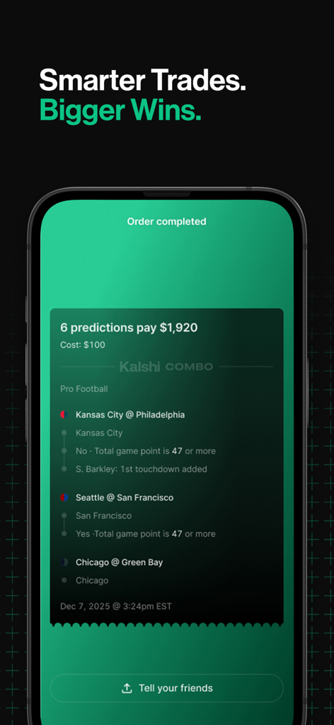 Kalshi app interface displaying a completed football prediction combo with potential payout and game details