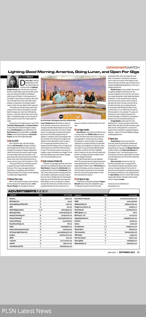 PLSN - A digital page from PLSN magazine featuring a Designer Watch article and an advertiser index for the live events industry.