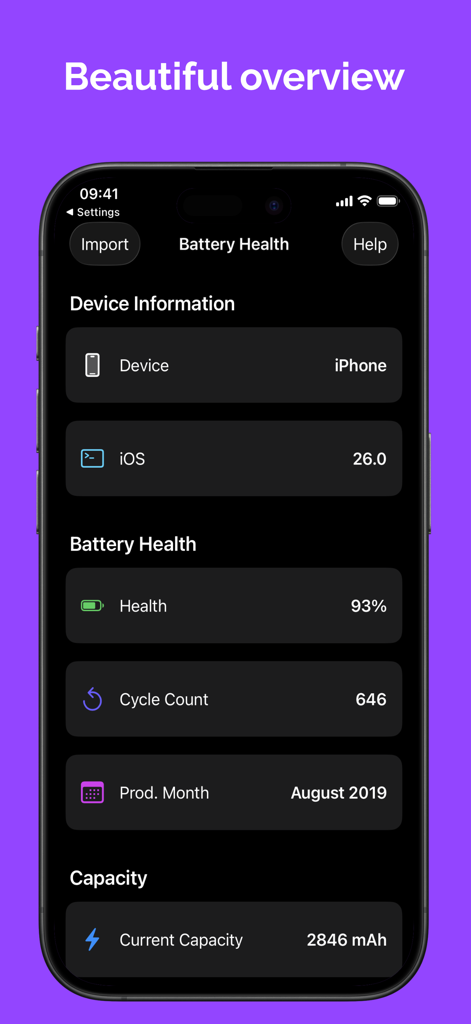 BAST: Battery Status - BAST app interface showing iPhone battery health cycle count and current capacity