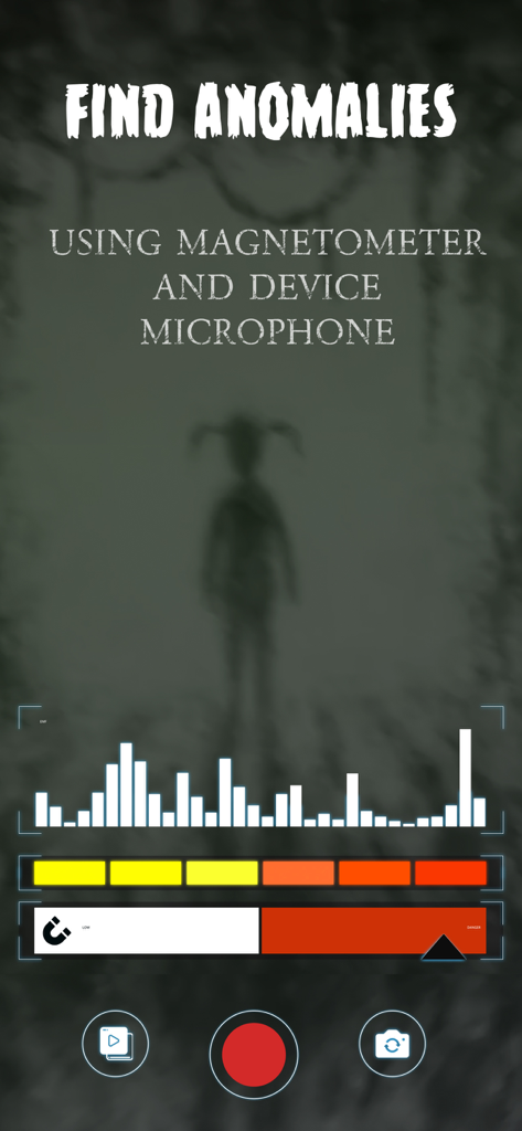 Oberfläche der Ghost Detector App, die Werkzeuge zum Finden von Anomalien mit einem Magnetometer und Mikrofon zeigt