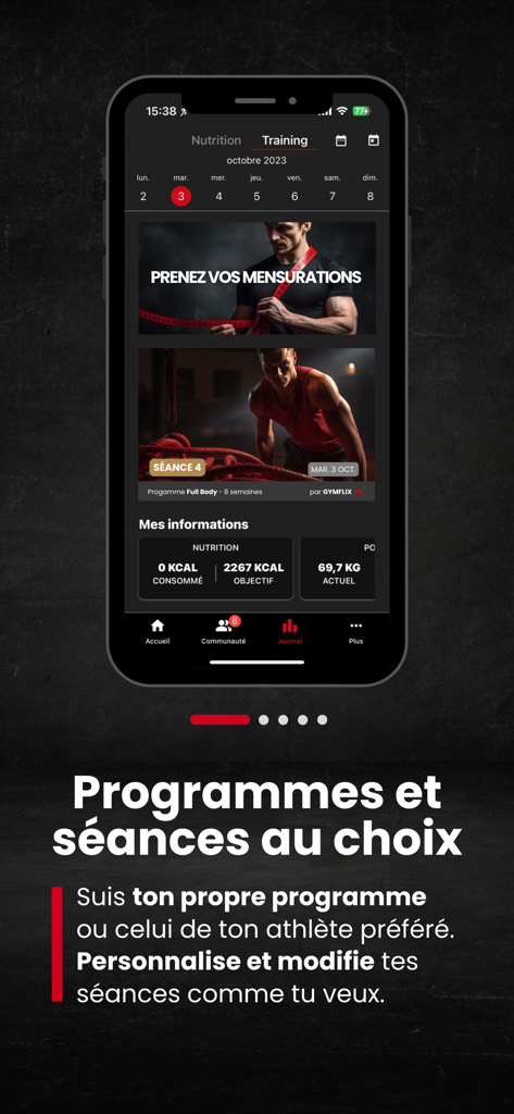 Gymflix - Fitness Workouts - Gymflix mobile app interface showing training programs, nutrition goals, and weight tracking.