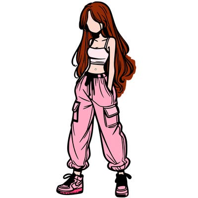 girl in baggy pants crop top and long hair