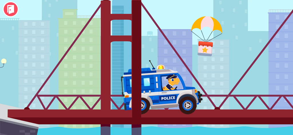 Dinosaur Police Car kids Games - 街の赤い橋の上を青いパトカーを運転する漫画の恐竜