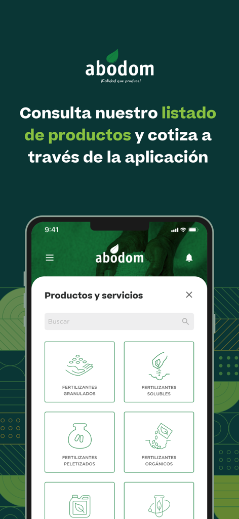 Abodom - Tela do aplicativo Abodom mostrando um menu de produtos fertilizantes, incluindo opções granuladas e orgânicas