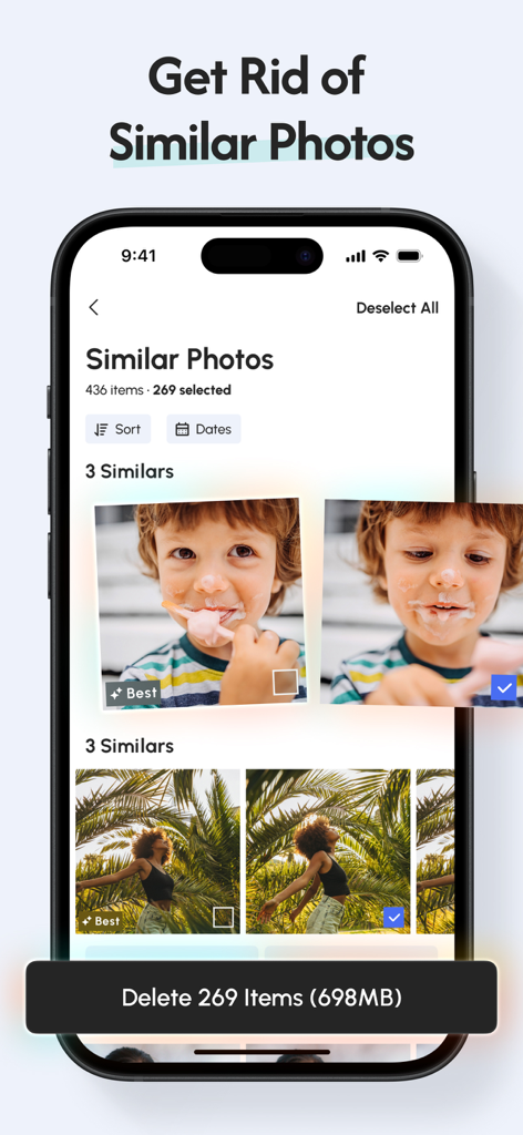 Genie - Phone Storage Cleaner - Genieアプリのインターフェース。重複写真のクリーンアップ機能が表示され、削除対象が選択されています。