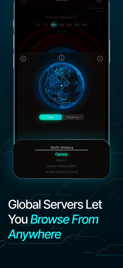 Interfaz de Larva VPN que muestra opciones de servidores globales y un globo digital.