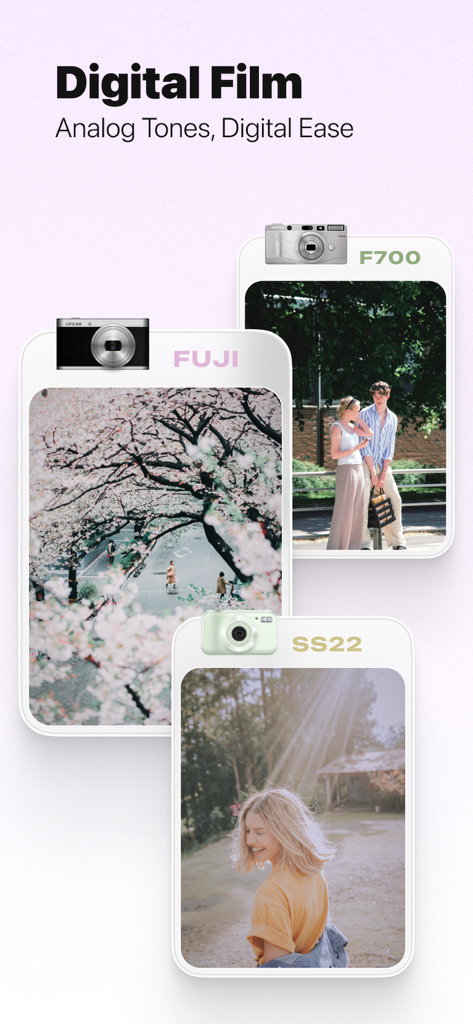 Una colección de filtros de cámara digital retro que muestran estilos Fuji F700 y SS22 con tonos analógicos