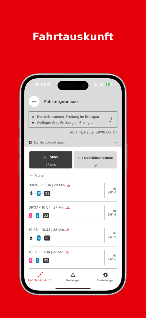 VAG mobil app interface showing public transport journey results and ticket prices in Freiburg