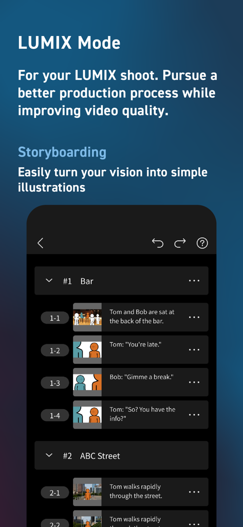 Schermata di storyboard dell'app Panasonic LUMIX Flow che mostra un elenco di scene con descrizioni delle inquadrature e semplici illustrazioni.