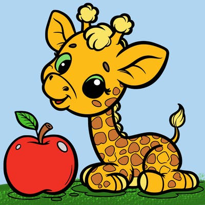 a baby giraffe eating an apple
