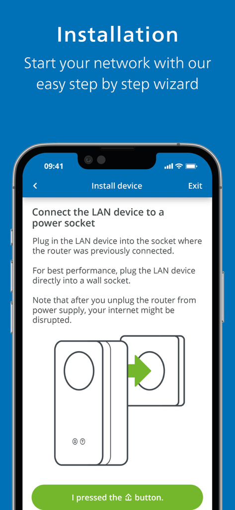 Captura de pantalla de la aplicación devolo Home Network que muestra una guía paso a paso para instalar un dispositivo LAN en una toma de corriente.