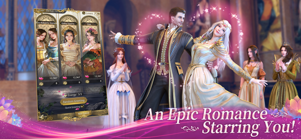 A king and queen dancing in a royal ballroom with lover selection UI in Kings Choice
