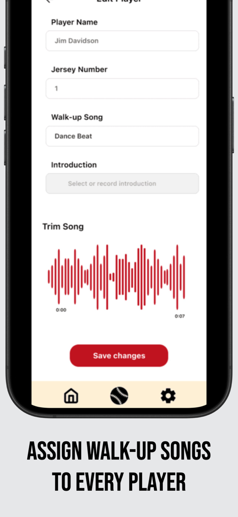 Baseball Walk-Up Songs - Interface for editing a player profile with jersey number and walk up song trimming features