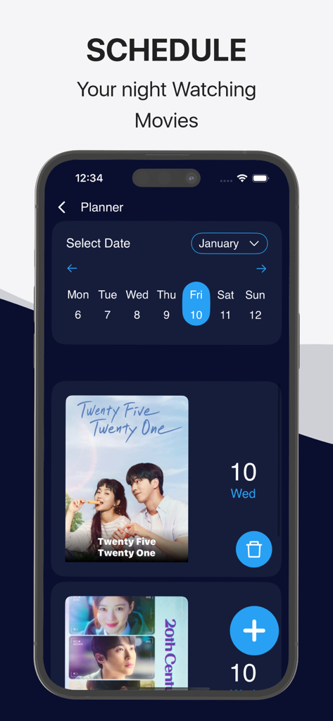Interfaz de aplicación móvil que muestra un planificador de horarios de películas con un calendario y títulos seleccionados