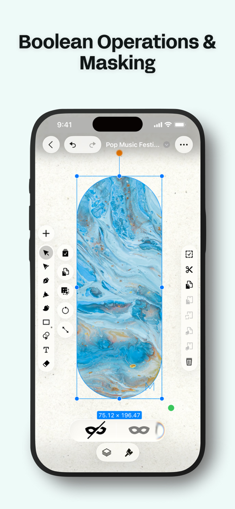 A smartphone interface of Linearity Curve showing boolean operations and masking features with a blue abstract design.
