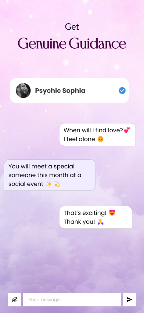 Mobile app interface showing a private chat with a verified psychic providing a love reading.