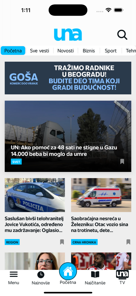 UNA TV - Tela inicial do aplicativo UNA TV exibindo manchetes de notícias dos Bálcãs, categorias e menu de navegação.