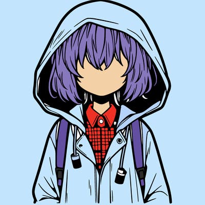 little anime girl in a raincoat her hair is covering her eyes she has a lighter