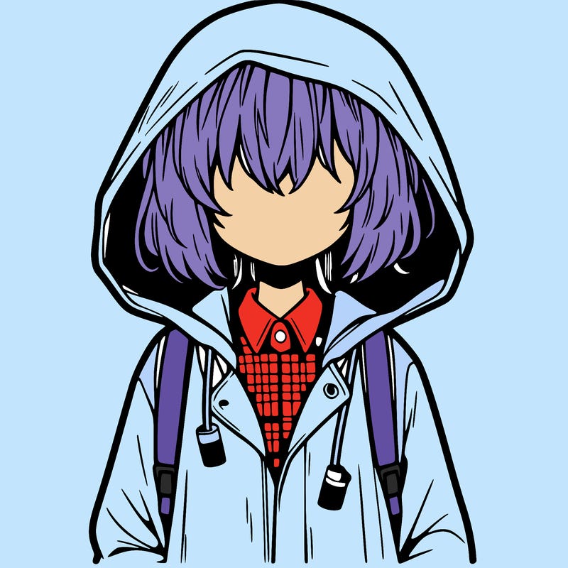 little anime girl in a raincoat her hair is covering her eyes she has a lighter