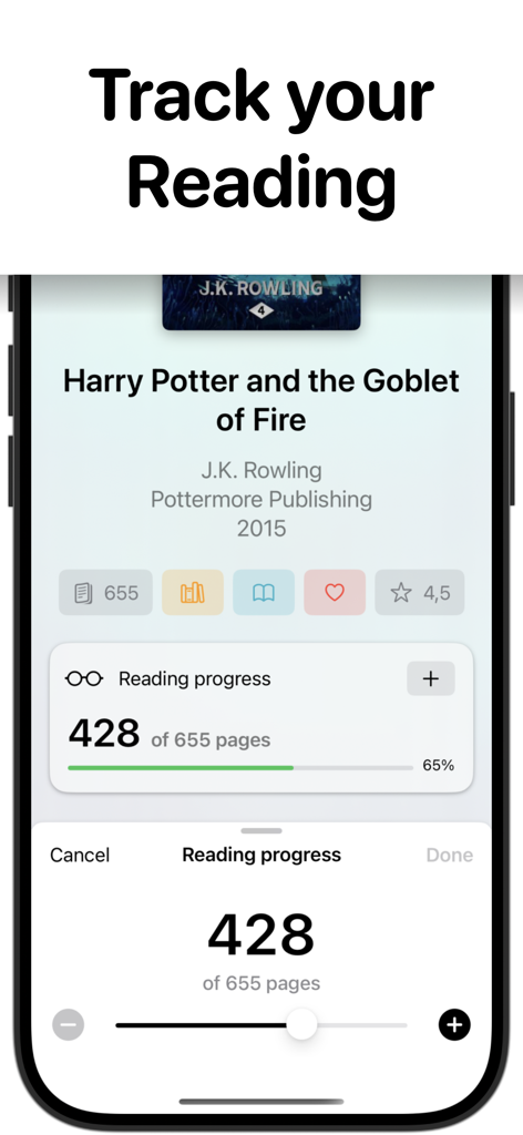 Bookshelf - Vox - A mobile interface of the Vox app displaying reading progress with a percentage bar and page counter for a book.