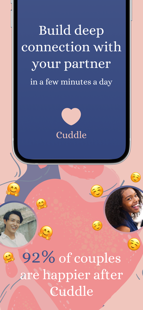 Cuddle: Couples & Relationship - Captura de pantalla de la aplicación Cuddle que muestra un titular sobre la construcción de la conexión con una pareja y una estadística que indica que el 92 por ciento de las parejas son más felices después de usar la aplicación.