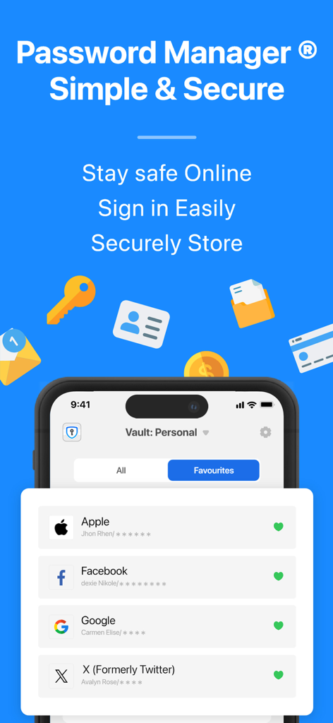 Password Manager ® - Oberfläche der Password Manager App, die einen sicheren persönlichen Tresor mit gespeicherten Logins für Apple, Facebook und Google zeigt.