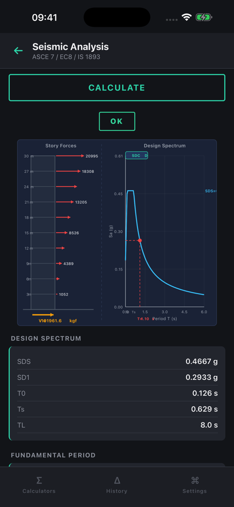 VerCivil: Structural Engineer - Seismic analysis interface in VerCivil app showing story forces diagram and design spectrum graph