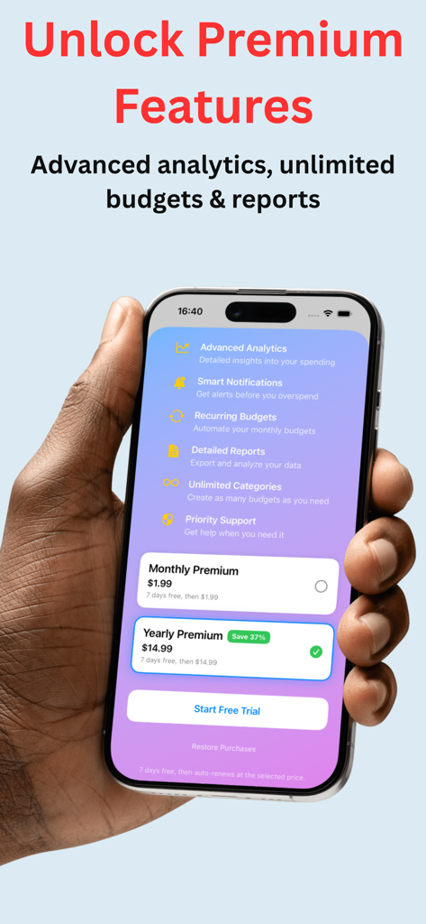 Budgetly - Personal Budget App - Budgetly app screen for unlocking premium features including advanced analytics and unlimited budgets with subscription options