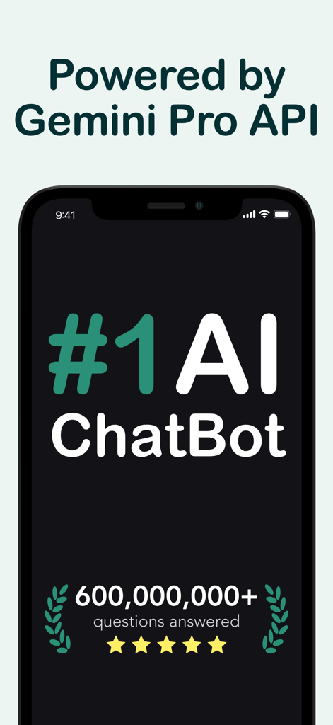 Interface de l'application chatbot Gam AI alimentée par l'API Gemini Pro montrant 5 étoiles et les statistiques des utilisateurs