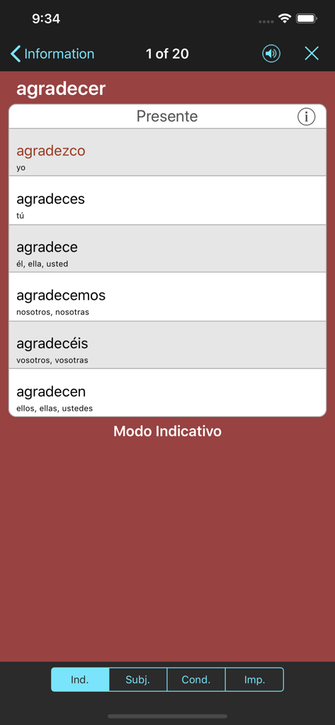 Conjugación del verbo español agradecer en el tiempo presente de indicativo resaltando las formas irregulares