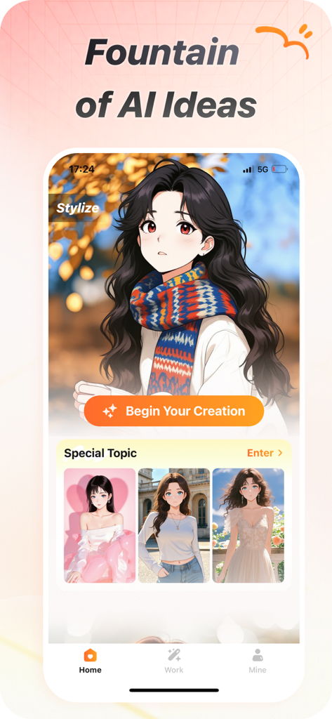 Facetix - The home screen of the Facetix app featuring an anime-style AI generated portrait and creative styling options.
