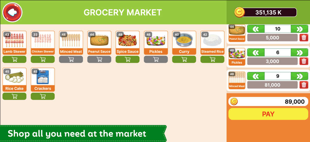 Street Grill Tycoon - The grocery market screen in Street Grill Tycoon showing various street food ingredients available for purchase like skewers and sauces