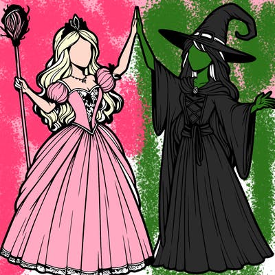 detailed realistic split of a princess and a witch