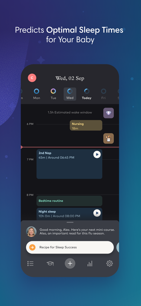 Smart Sleep Coach by Pampers™ - Interfaz de la aplicación Smart Sleep Coach de Pampers prediciendo los mejores momentos de sueño para el bebé y el horario diario