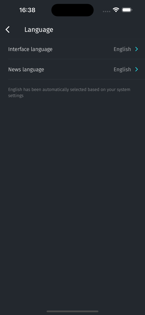 Gaijin Pass - Gaijin Pass app language settings screen showing interface and news language options set to English