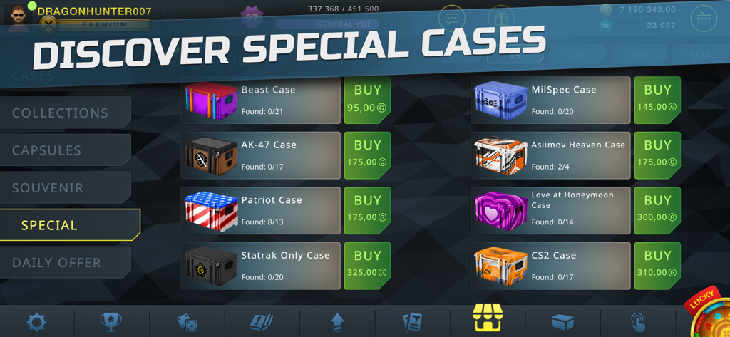 Menübildschirm der Case Chase Clicker App, der spezielle Cases zeigt, die mit virtuellen Münzen gekauft werden können