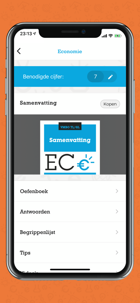 Examenoverzicht - Examenoverzicht mobile app interface for economics exam preparation with study summaries and grade goals
