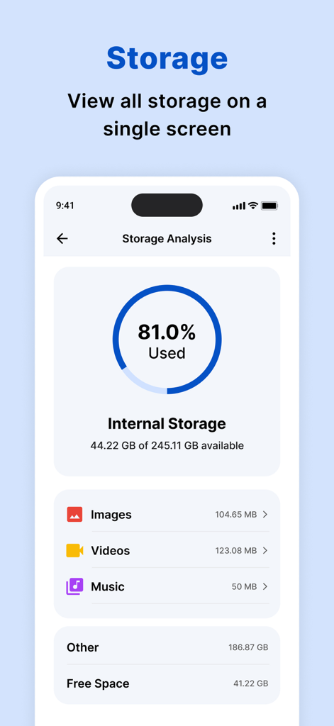 Tableau de bord d'analyse du stockage montrant l'utilisation du stockage interne et la répartition par catégorie