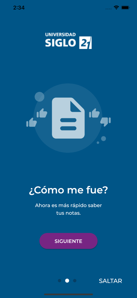 Pantalla de incorporación de la app móvil Universidad Siglo 21 destacando la función de consulta de calificaciones