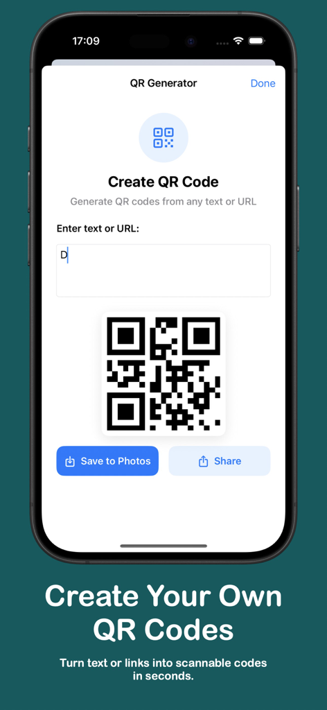 qr code reader & scanner + - Interface de smartphone mostrando o recurso de criação de código QR onde os usuários podem inserir texto ou um URL para criar um código QR personalizado.
