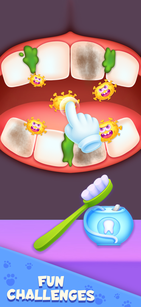 Animal Games Doctor for Kids - Juego de cuidado dental infantil que muestra la limpieza de dientes con un cepillo de dientes y gérmenes.