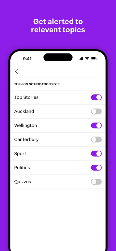 Stuff.co.nz - La interfaz de configuración de notificaciones de la app Stuff mostrando interruptores para temas de noticias y regiones de Nueva Zelanda.