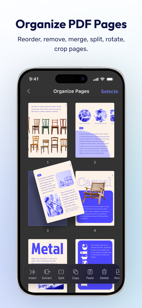 Bildschirm der mobilen UPDF-App, der zeigt, wie man PDF-Seiten auf einem iPhone organisiert und neu anordnet